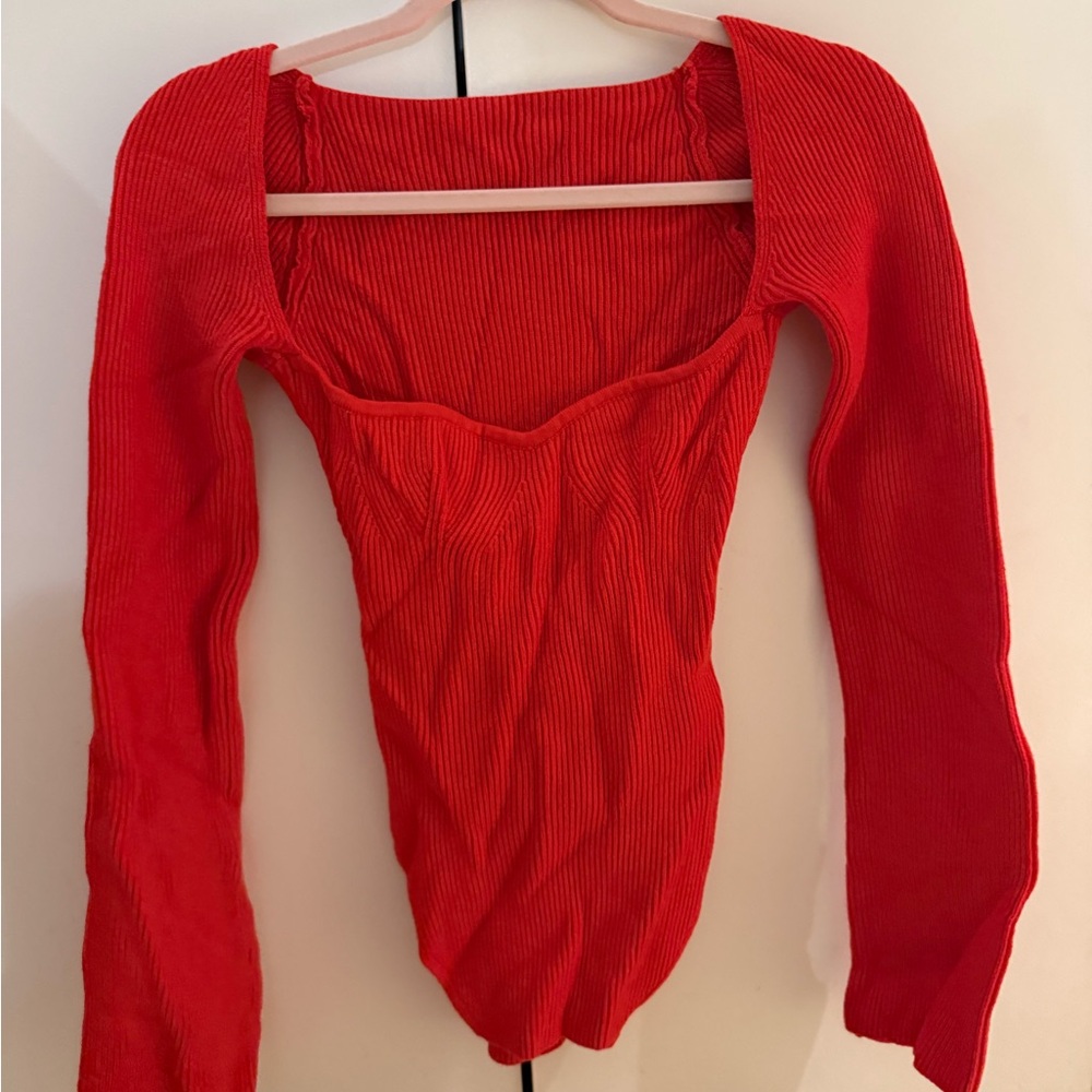 Red Ribbed Knit Women's Top